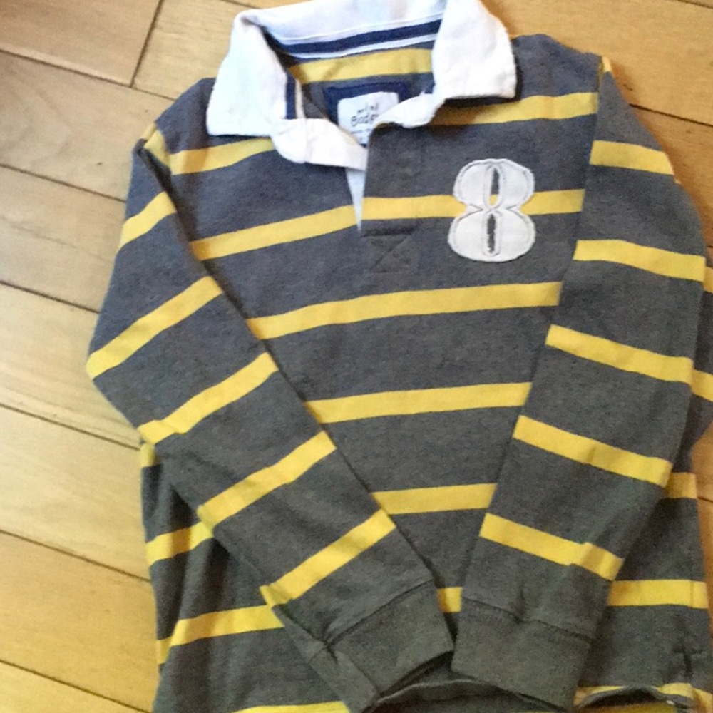 Mini Boden boys gray & yellow striped rugby shirt